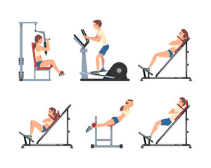 Fototapeta na wymiar Man and Woman at Gym Training with Sport Machine Vector Set
