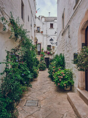 Charming white Italian alley with flowers and plants at the small town of Locorotondo, Puglia, Italy, Italia