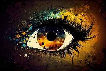 illustration, woman's eye with a vast yellowish void, generative ai