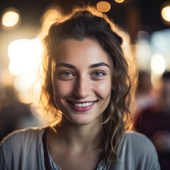 portrait of a beautifull brunette girl smiling with a bokeh background, generative ai