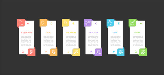 Business infographics. 6 stages of achieving the goal. Stages of the workflow, development, marketing, plan or training. Business strategy with icon icons. Report or statistics schema.