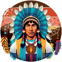 Foto auf Acrylglas Zeichnung Proud Native American Chief Powerful Portrait with Dream Catchers and Mountains on Background Vector Logo Illustration