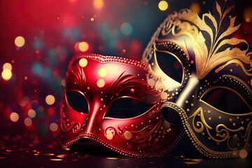 illustration, venetian mask red lights for a carnival party, ai generative