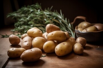 Kartoffeln auf einem Holztisch in einer rustikalen Küche 
