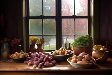 Fototapeta na wymiar Kartoffeln auf einem Holztisch in einer rustikalen Küche 
