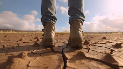 a man stands on a parched plain land with dry cracked ground generative ai