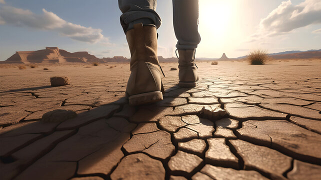 a hiker walks through a parched desert generative ai