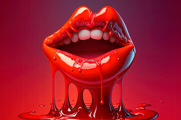 Generative AI illustration of mouth floating in the air with red lips melting and releasing colored liquid