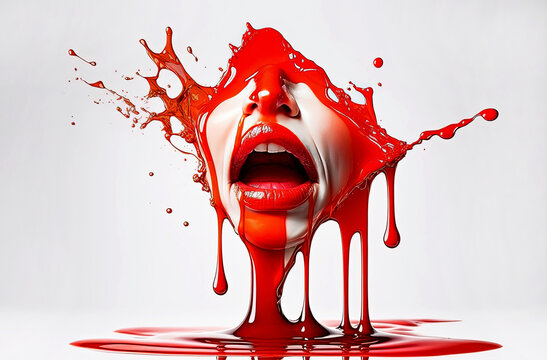 Generative AI illustration of mouth floating in the air with red lips melting and releasing colored liquid