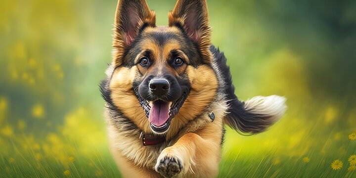 Picture of a german shepherd puppy in action on grass. Generative AI