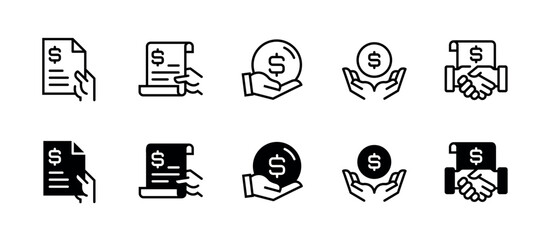 Set of Invoice paper document icon with hand holding the contact file form collection vector design for a payment dollar bill illustration
