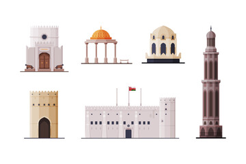 Oman Muscat City Historical Building and Landmarks with Authentic Heritage Vector Set