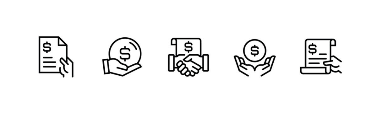 Set of payment check paper icon with hand illustration collection vector outline style design for finance document
