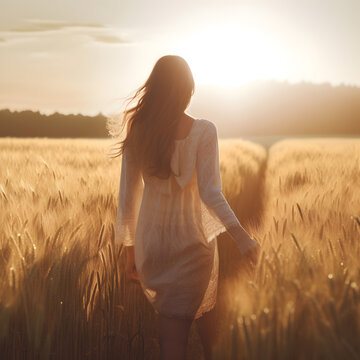 Young woman walking through a beautiful wheat field at sunset