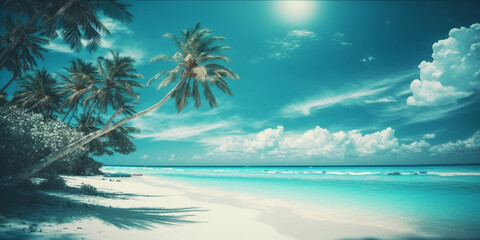 Fototapeta na wymiar Beachfront Bliss: A Radiant Light Blue Sky Over the Picturesque Caribbean Beach, Inspiring Summer Holidays and Beach Vibes. AI Generated Art.