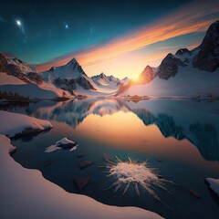 Fototapeta na wymiar Snowy mountains at dawn with frozen lakes, Generative AI