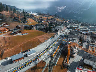 Aerial panorama of the Grindelwald, Switzerland village view near Swiss Alps mountains panorama...