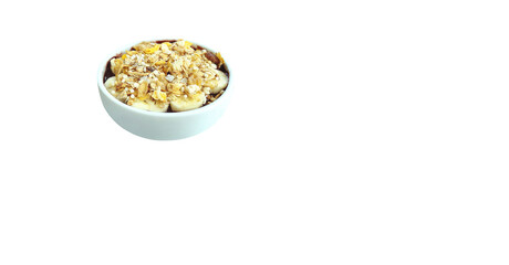 A full bowl of açaí (acai), banana, granola and etc with space to write