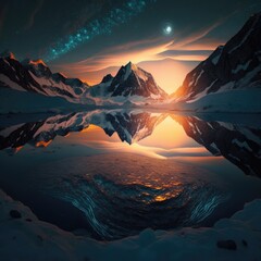Snowy mountains at dawn with frozen lakes, Generative AI