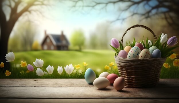 Wallpaper Illustration and background of easter eggs, in basket, in a beautiful garden. Front View with copy space for text information or content. Happy Easter, festive greeting card. Generative AI.