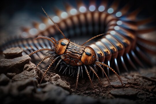 Brown centipede (lithobius forficatus) up close and personal in Europe. Generative AI