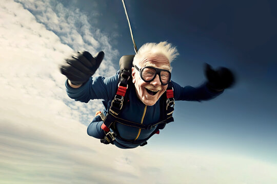 AI illustration of a grandpa showing courage and having fun by skydiving