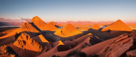 Fototapeta premium Beautiful picturesque landscape of a mountain range at dawn. Generative AI.