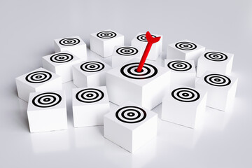 Arrows hit target on square block board with multiple targets. concept of business symbol target audience, selecting a target audience for business success, and achievement of objectives. 3D rendering © Midnight Studio