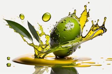 Close up green olive and olive oil splashing isolated on white background. Generative AI