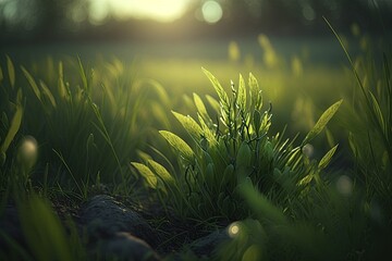 Naklejka premium grass in the morning, green field, AI, generative AI, created with AI