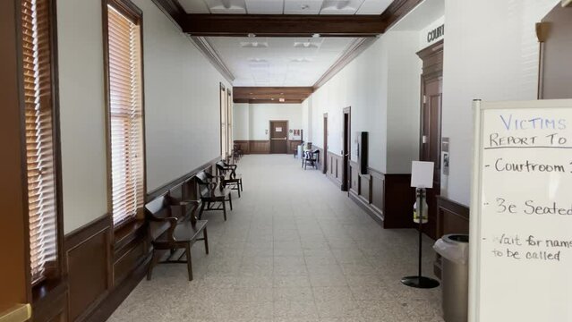Burke County Judicial center long empty hallway wooden benches
