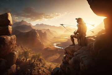 A skilled archer perched on a rocky cliff, stunning landscape and the archer's impressive range. golden hour glow, with sun setting behind the archer and casting soft, warm light across the scene.Ai