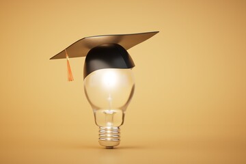 the concept of higher education. a light bulb in the master's cap. 3D render - obrazy, fototapety, plakaty