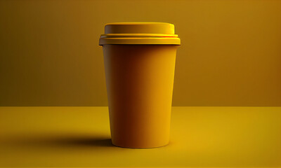 Coffee cup illustration on clean empty yellow background. Mock up or product advertisement style.