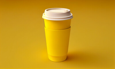 Coffee cup illustration on clean empty yellow background. Mock up or product advertisement style.