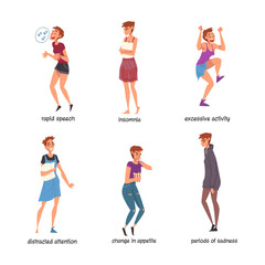 Woman with Bipolar Disorder Symptoms Suffering from Neurological Disease Vector Set