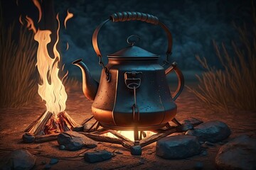 Fototapeta na wymiar illustration, campfire camping kettle cozy camping spot in wild and generative ai