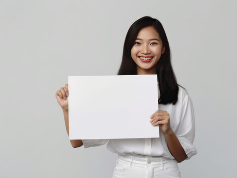 Woman in a studio smiling. Holding a blank sign with copy space for advertisement 