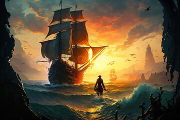 valiant pirate sailing through treacherous waters in search of buried treasure. camera capturing pirate ship and the vast expanse of the ocean. dramatic atmosphere with sun setting in distance.  Ai.