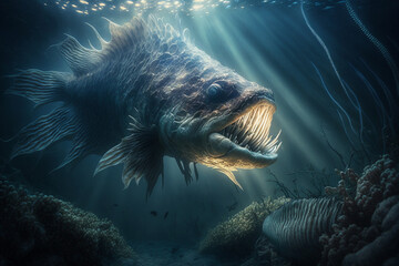 Fantasy Underwater | sea fish monster lurking in depths of ocean. capturing enormity of creature and beauty of  underwater world. monster scales and teeth. rays of light filtering through water. Ai