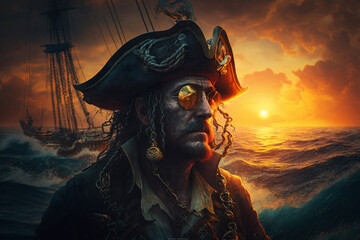 valiant pirate sailing through treacherous waters in search of buried treasure. camera capturing pirate ship and the vast expanse of the ocean. dramatic atmosphere with sun setting in distance.  Ai
