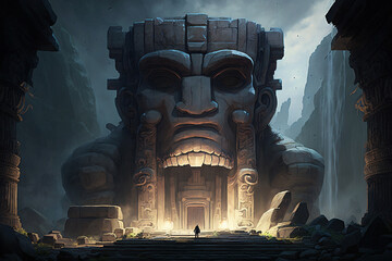 An ancient temple guarded by a giant stone golem. and a person at the entrance of it. Ai
