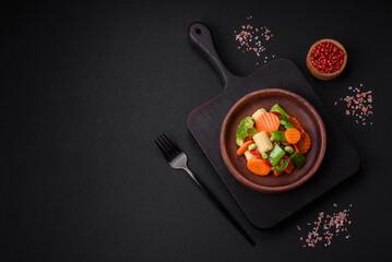 Delicious healthy vegetables steamed carrots, broccoli, asparagus beans