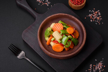 Delicious healthy vegetables steamed carrots, broccoli, asparagus beans