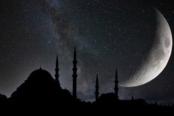 Islamic or ramadan concept photo. Suleymaniye Mosque and crescent moon