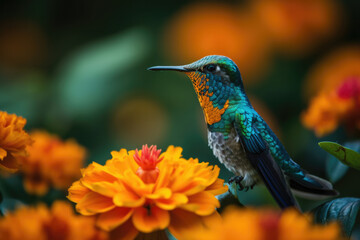 Fototapeta na wymiar Humming Bird on Marigolds created with Generative AI Technology, ai, generative