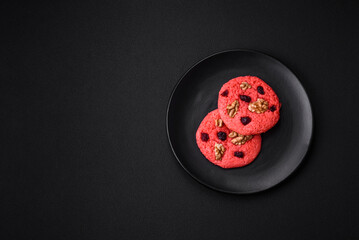 Delicious fresh crunchy pink oatmeal cookies with raspberry flavor