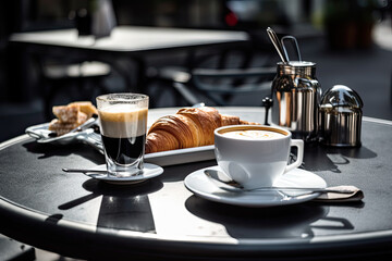  Delicious french breakfast with coffee on the terrace of a modern café in Paris