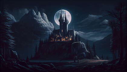 Castle dark moon forest mountain fantasy traditional Ai generated image