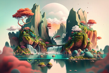 Fantasy Land | A surreal landscape with floating islands, cascading waterfalls, and colorful flora. dreamlike with a soft focus and a pastel color palette.  Ai
